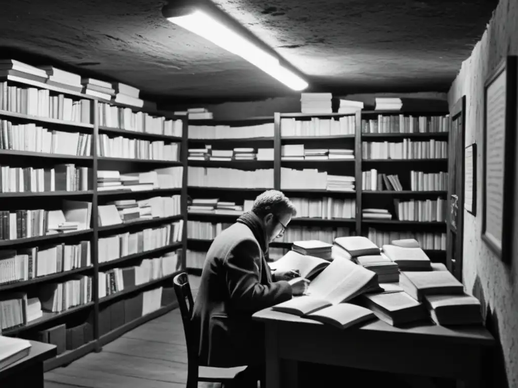 Foto en blanco y negro de una sala subterránea llena de libros y papeles, con personas discutiendo intensamente