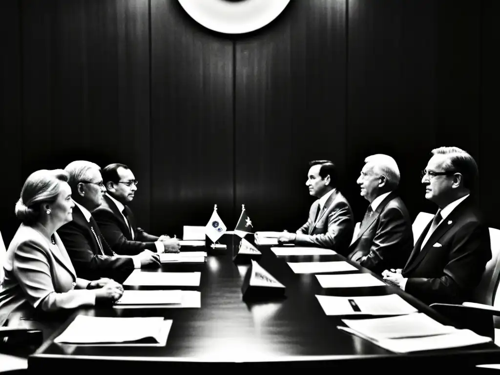 Foto en blanco y negro de una sala de reuniones con diplomáticos en conversaciones tensas