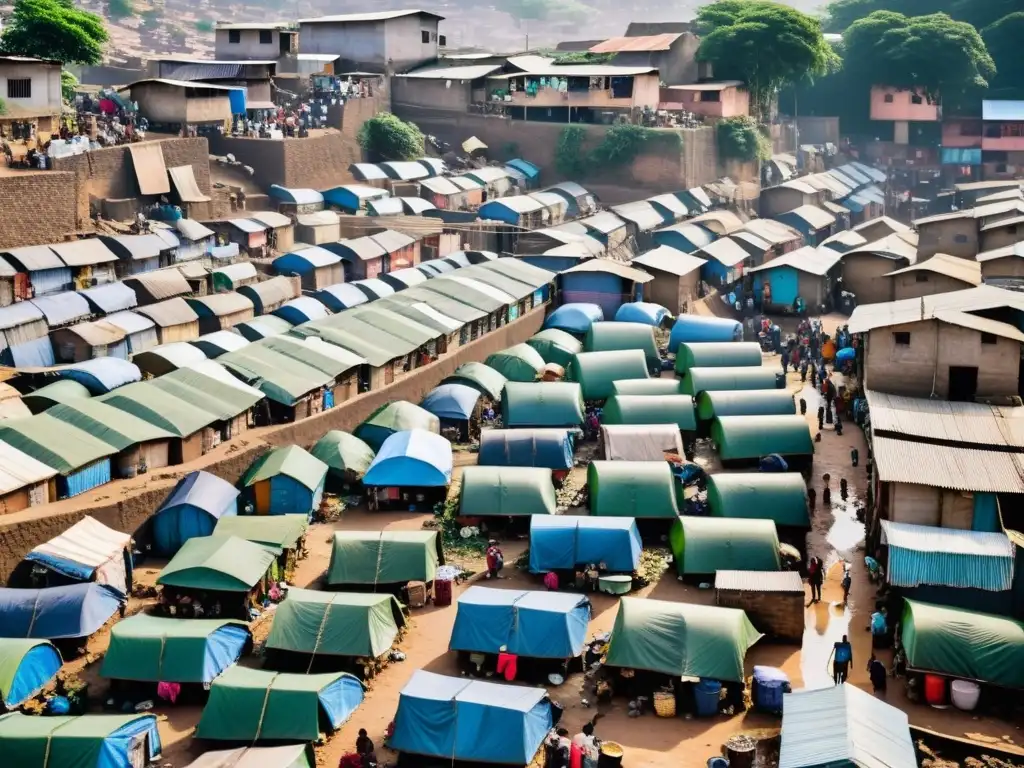 Foto documental de una abarrotada favela urbana, resaltando la lucha por el Derecho a una vivienda digna y la comunidad en la precaria situación