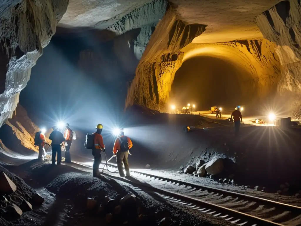 Foto documental de mina de plata con mineros trabajando en condiciones difíciles, iluminados por lámparas frontales