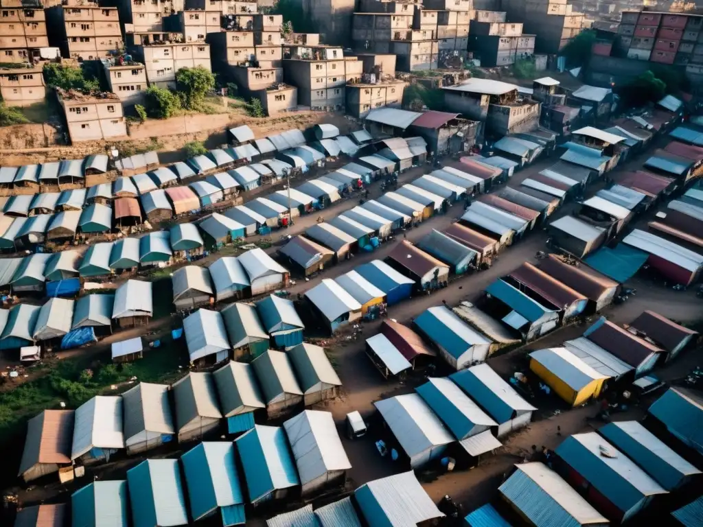 Foto documental de una zona urbana empobrecida, destacando la violencia estructural y pobreza en derechos humanos