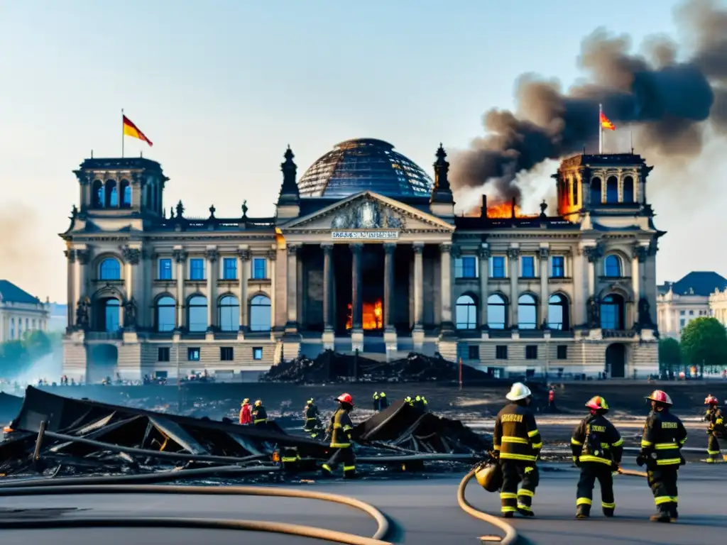 Foto impactante del incendio del Reichstag Tercer Reich, con humo denso y bomberos luchando contra las llamas en la escena caótica y devastadora