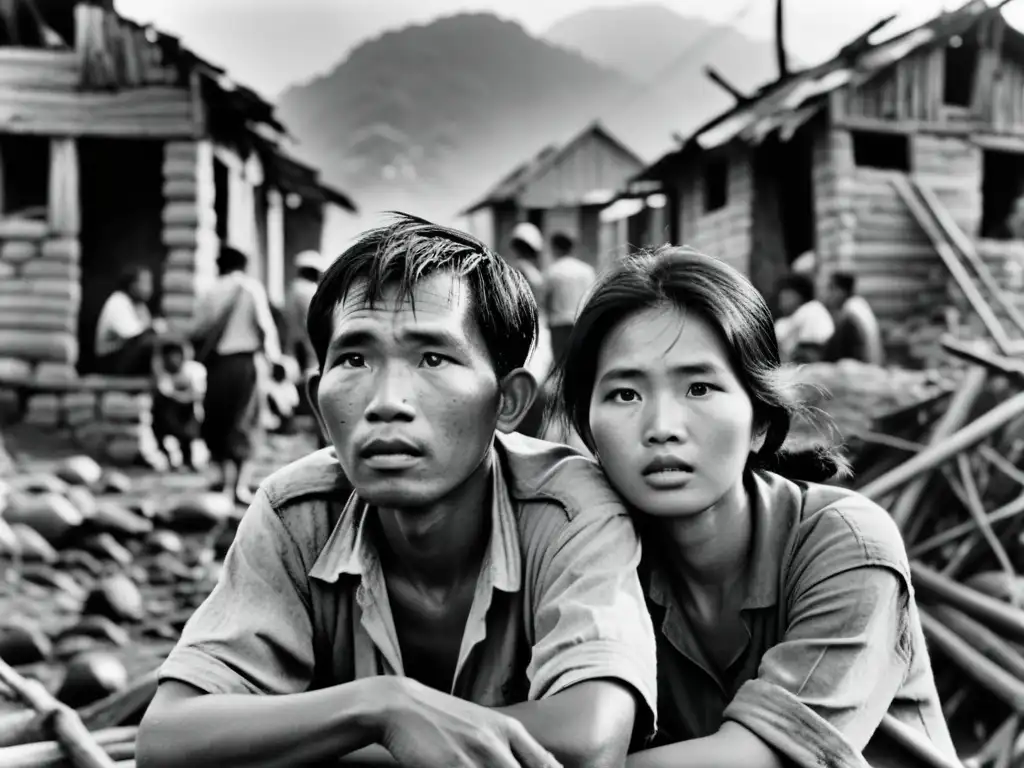 Fotoperiodismo en la Guerra de Vietnam: Civiles vietnamitas se refugian juntos en un pueblo devastado, con rostros de miedo y desesperación