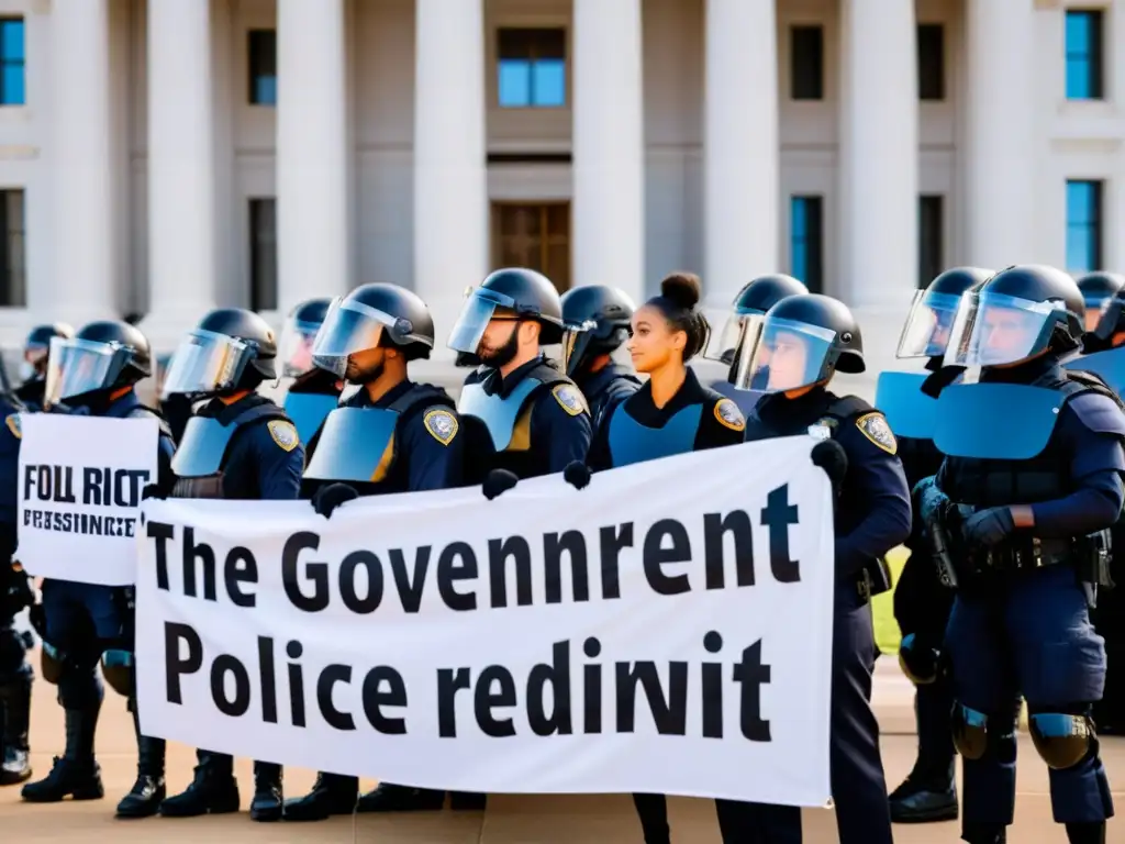 Manifestación pacífica frente a edificio gubernamental, con policías y carteles denunciando leyes antiterroristas restricción libre expresión