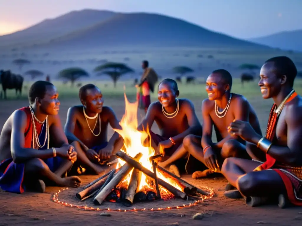 Reunión alrededor del fuego: tribus Maasai comparten historias en la noche africana, con detalles de su vestimenta y expresiones