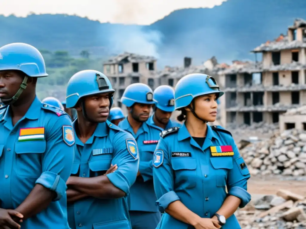 Fuerzas de paz multinacionales colaborando en medio de la devastación, mostrando determinación y unidad internacional