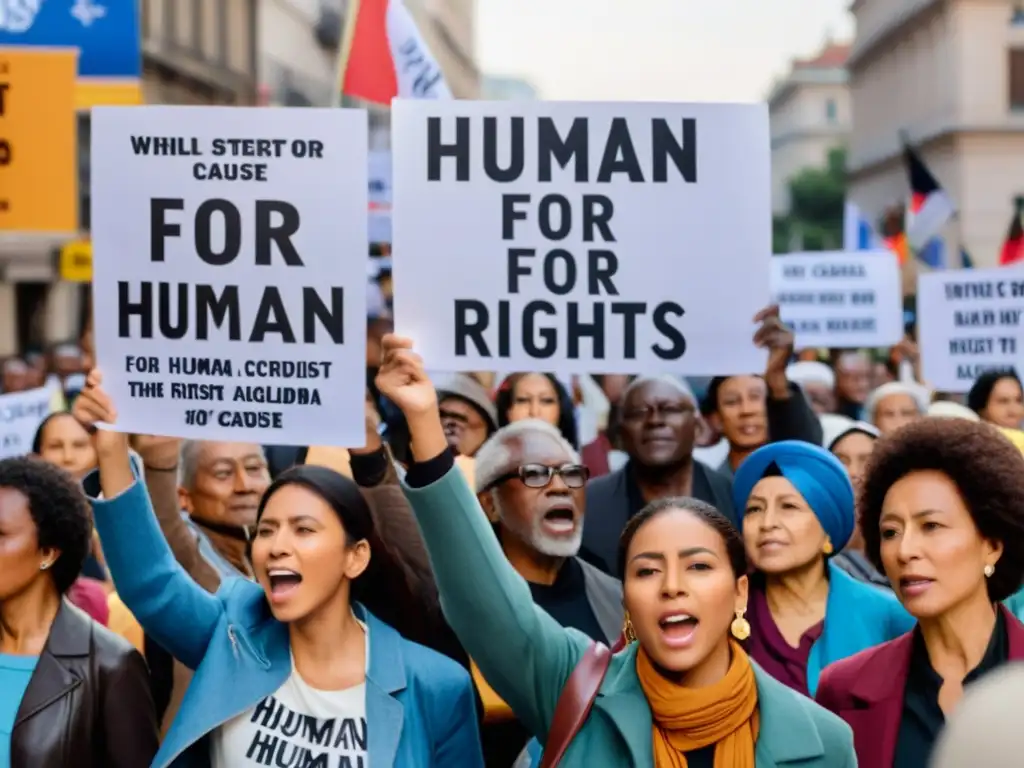 Manifestación global por derechos humanos en economía controlada, con pancartas multilingües y gente diversa determinada