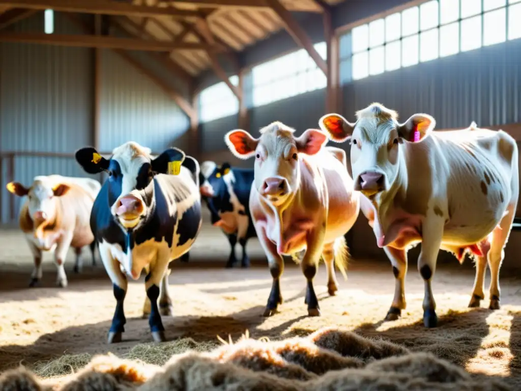 Un granero espacioso y bien cuidado con animales de granja conviviendo pacíficamente bajo la cálida luz del sol