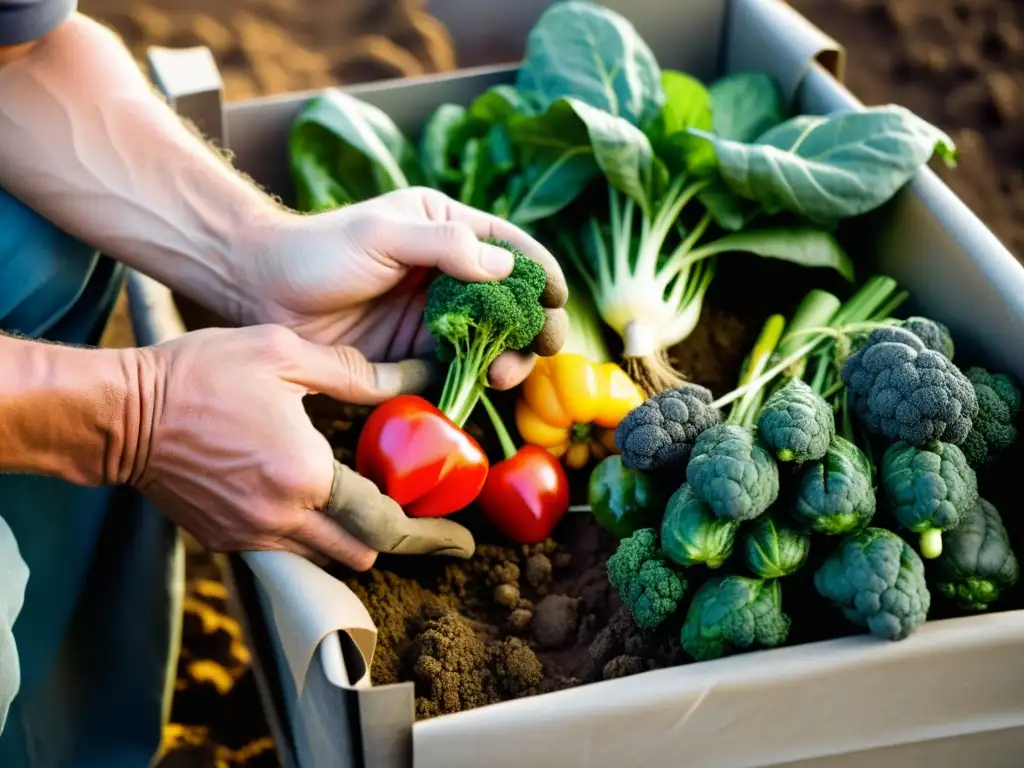 Un granjero inspecciona cuidadosamente vegetales recién cosechados, mostrando su conexión con la tierra y el derecho a la seguridad alimentaria