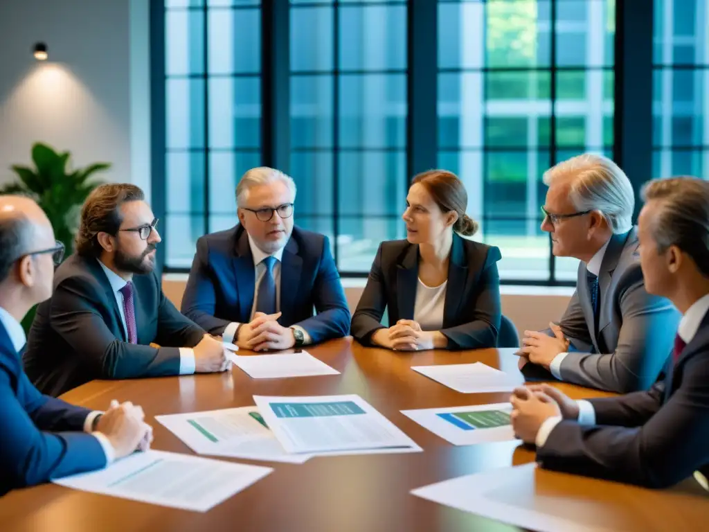 Grupo de abogados y activistas ambientales discuten estrategias legales para el cambio climático en una oficina moderna