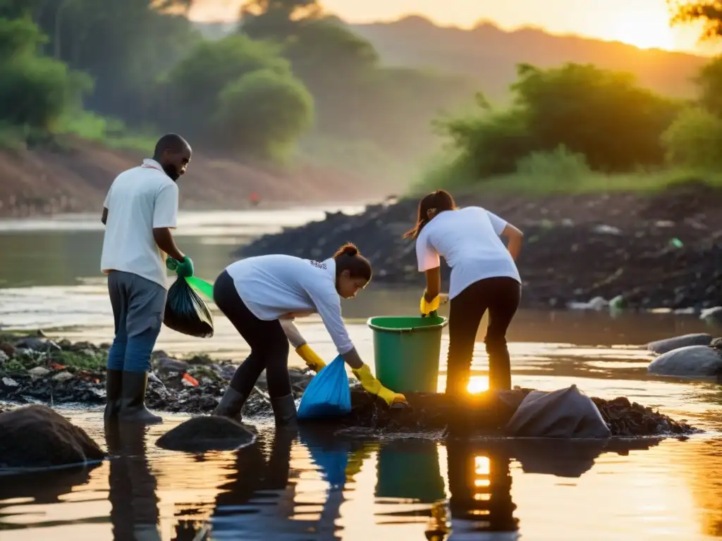 Un grupo de activistas ambientales apasionados limpia un río contaminado al atardecer, destacando las conexiones entre activismo ambiental y salud