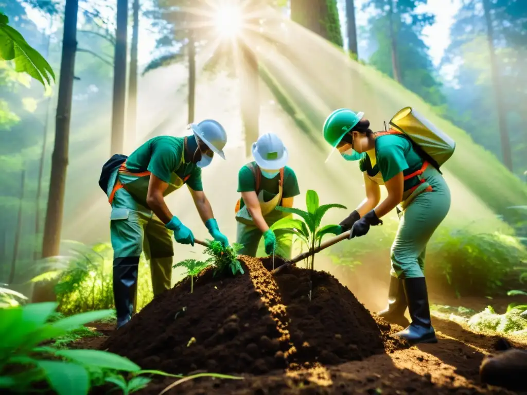 Grupo de activistas ambientales plantando árboles en un bosque biodiverso, mostrando su dedicación y trabajo en equipo