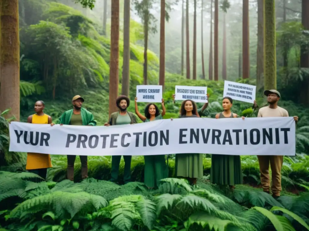 Grupo de activistas ambientales en un bosque verde exuberante, sosteniendo pancartas y mensajes a favor del activismo ambiental