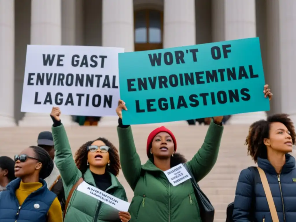 Grupo de activistas ambientales influenciando la legislación con determinación bajo un cielo nublado