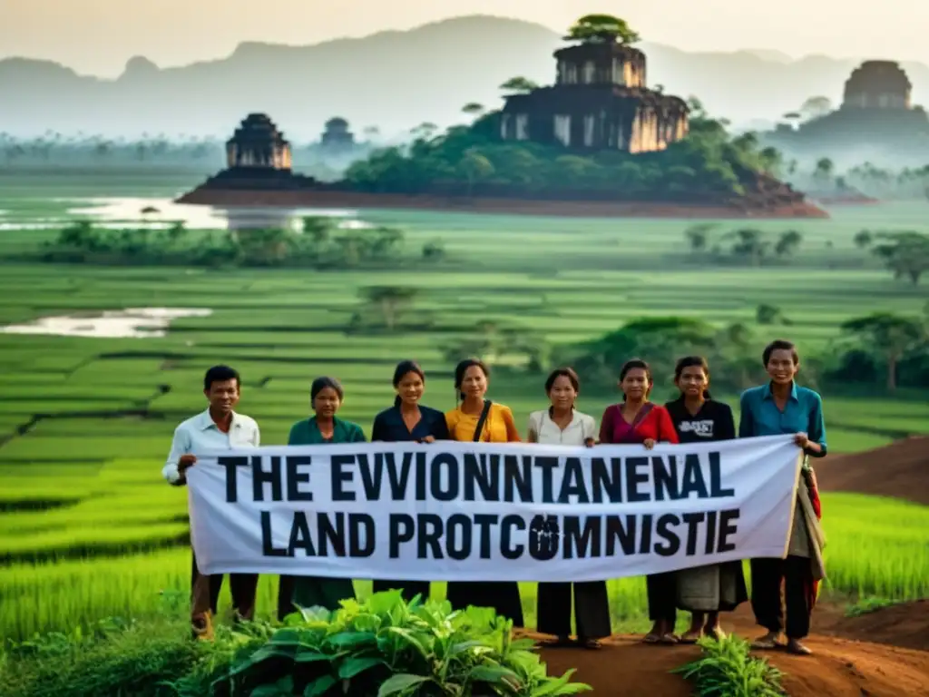 Grupo de activistas ambientales en Camboya mostrando determinación y compromiso como defensores de la tierra en Camboya