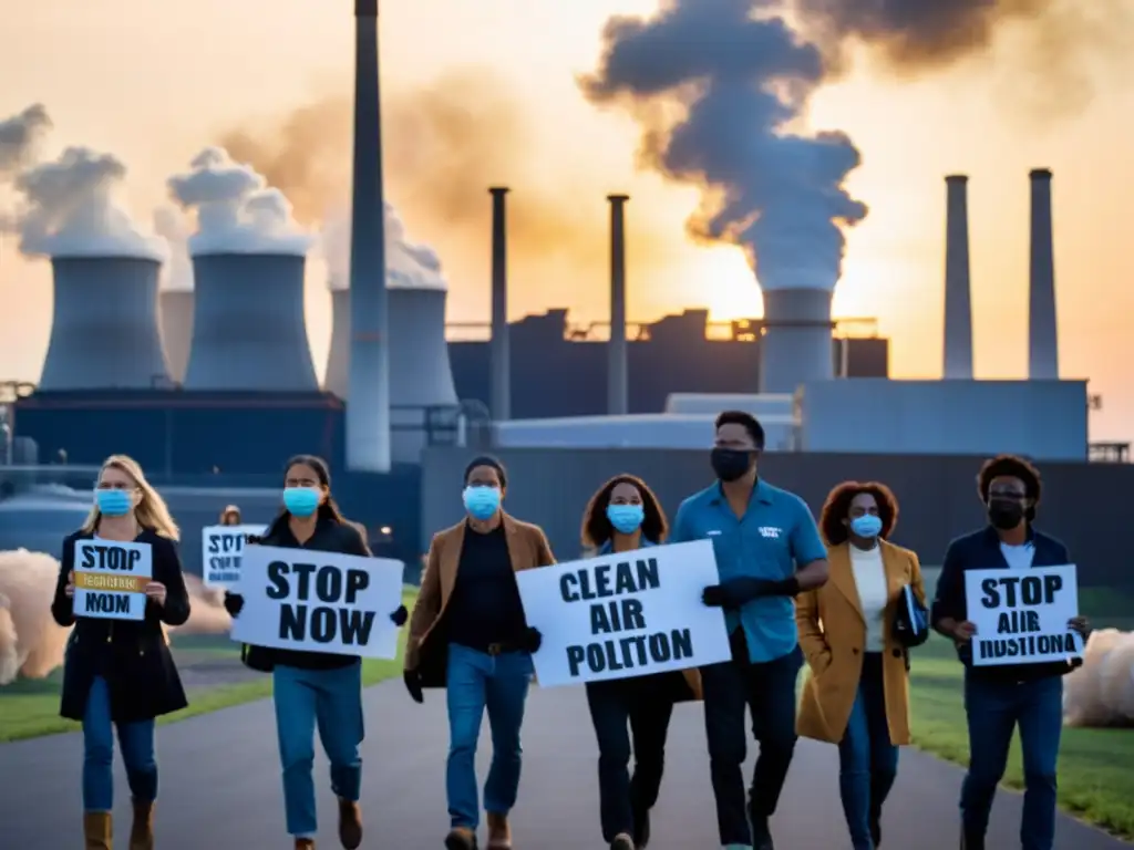 Grupo de activistas ambientales marchando frente a fábrica industrial, luchando contra la contaminación industrial al atardecer