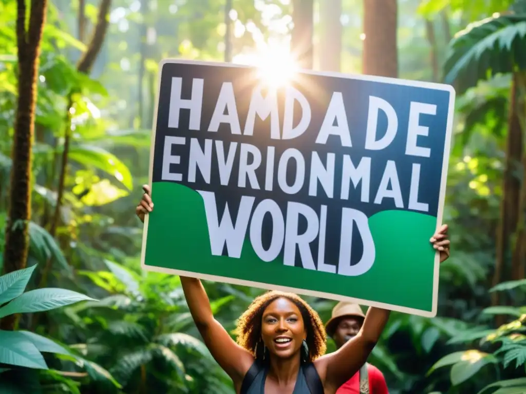 Un grupo de activistas ambientales marcha en el bosque con pancartas llamativas, potenciando el activismo ambiental en redes sociales