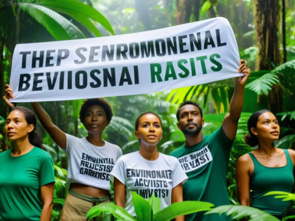 Un grupo de activistas ambientales con mensajes poderosos frente a un exuberante bosque tropical