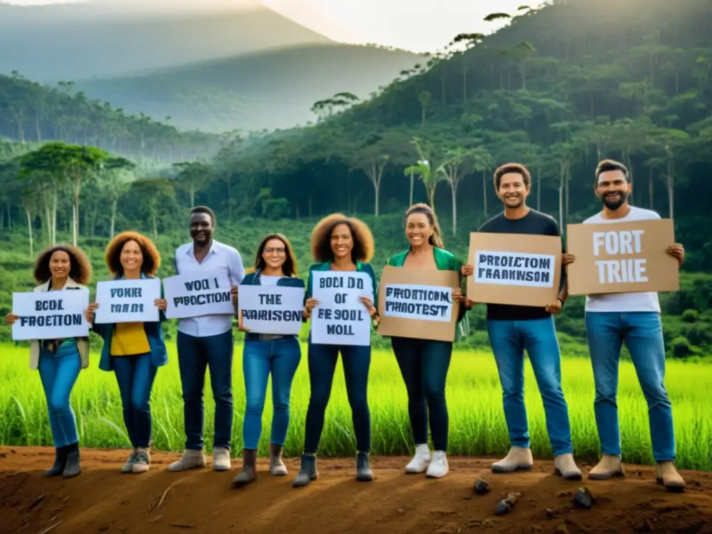 Grupo de activistas ambientales defienden la protección del bosque en un paisaje desolador, expresando determinación y esperanza