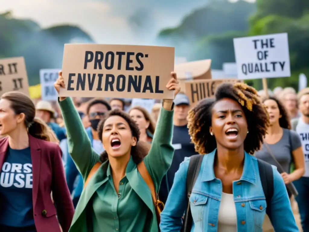 Un grupo de activistas ambientales marchando con pancartas en un documental de alta calidad