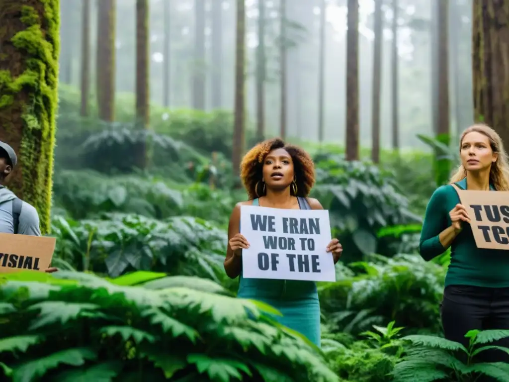 Grupo de activistas ambientales debatiendo con pasión frente a un exuberante bosque