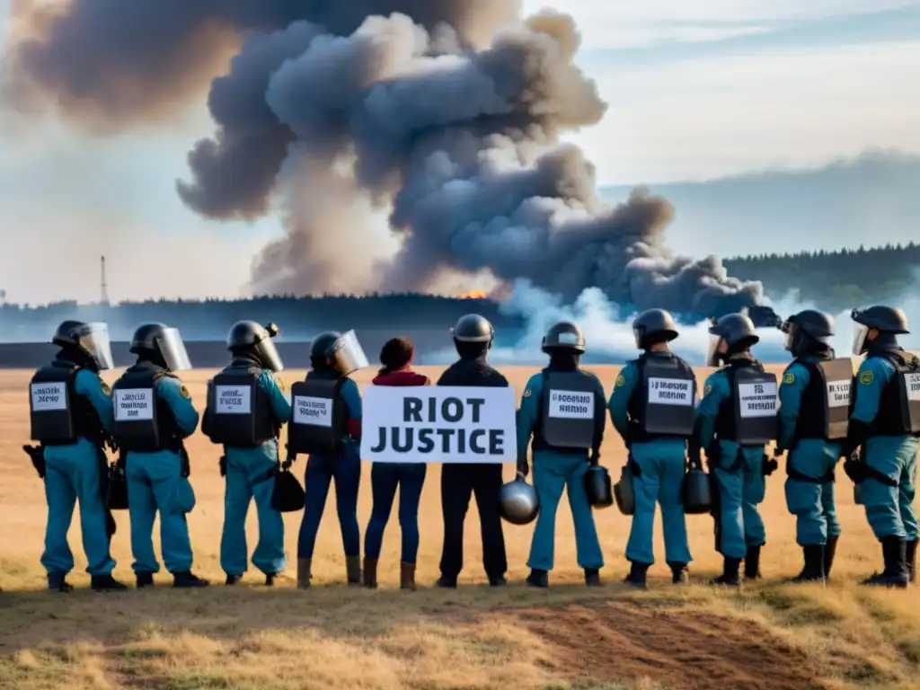 Grupo de activistas ambientales enfrentando a la policía con máscaras, defendiendo la protección del medio ambiente y los defensores