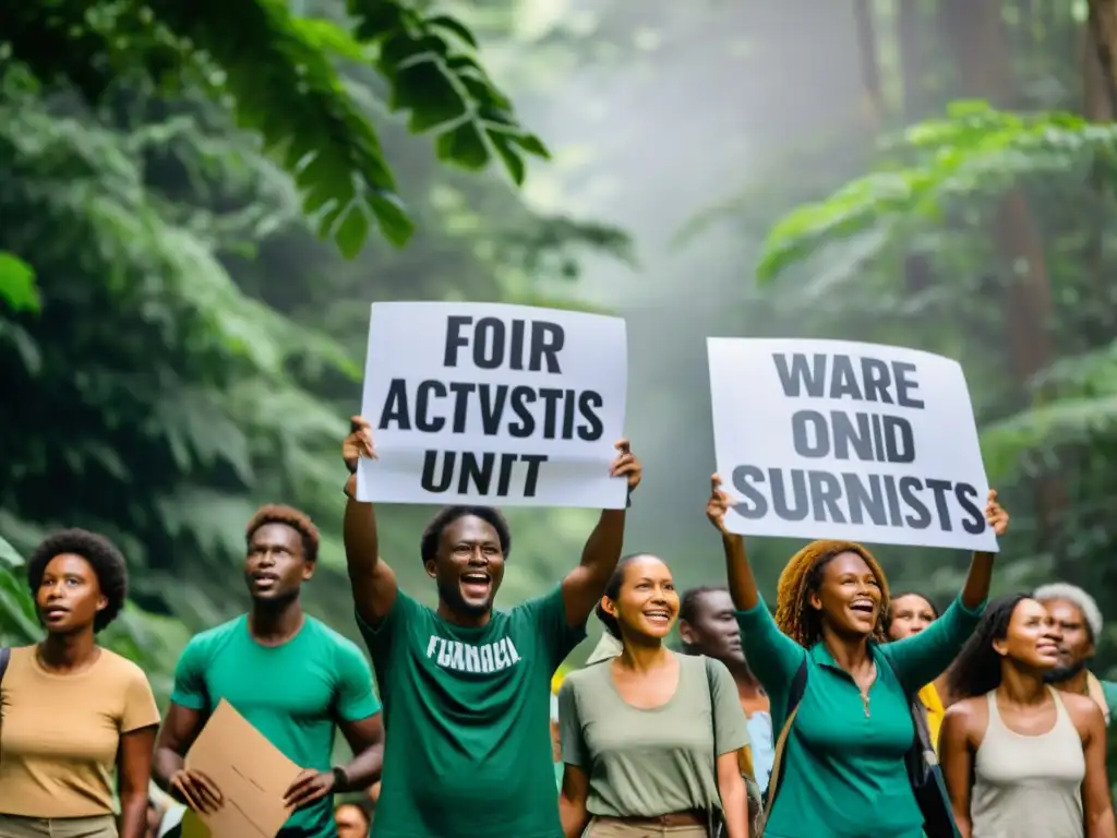 Grupo de activistas ambientales en protesta pacífica en el bosque, con mensajes poderosos a favor del medio ambiente