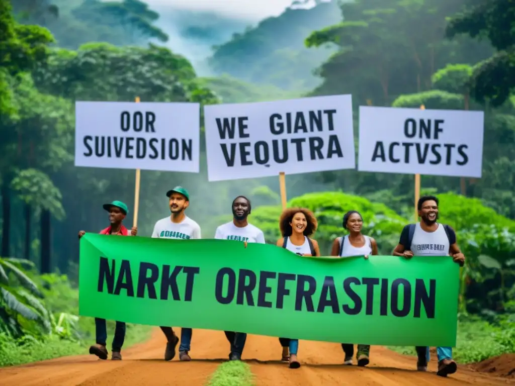 Grupo de activistas ambientales marchando en protesta contra la deforestación