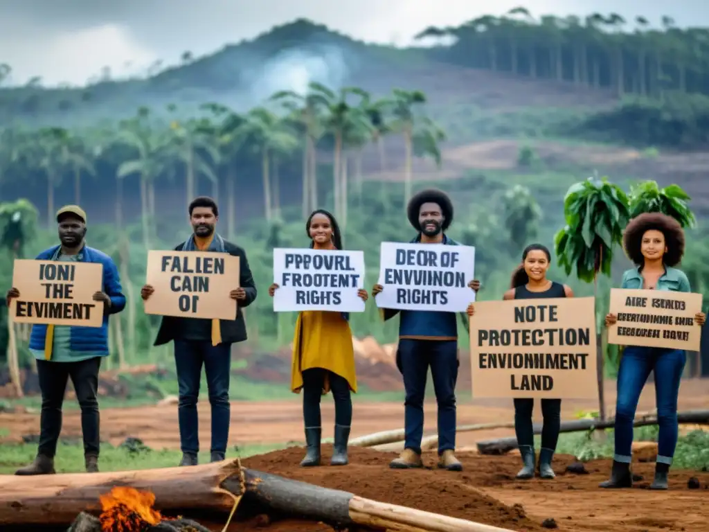 Grupo de activistas ambientales enfrentando los riesgos de la deforestación y la protección de sus derechos humanos