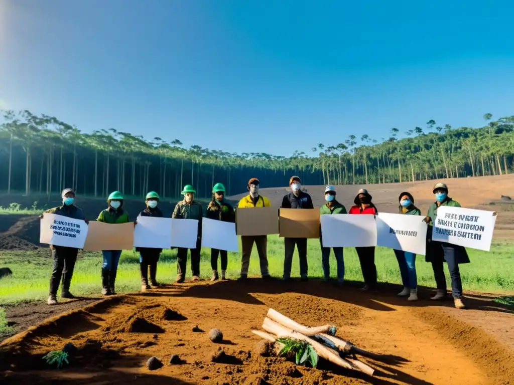 Un grupo de activistas ambientales con trajes protectores plantan árboles y sostienen pancartas en una zona deforestada