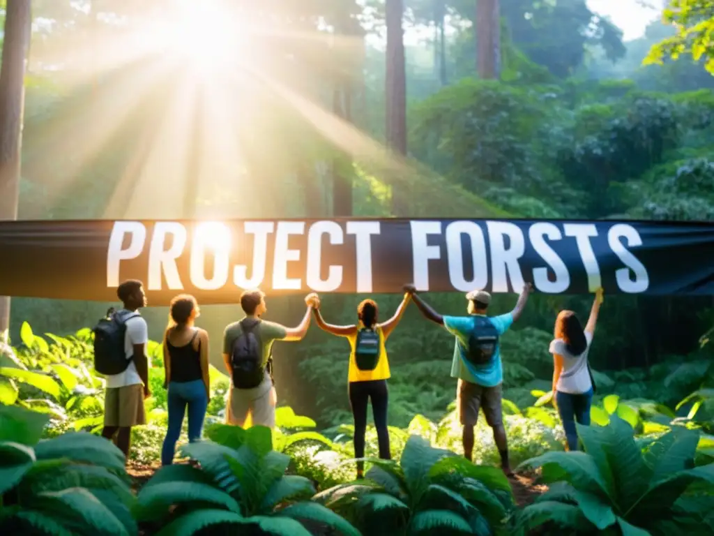 Grupo de activistas ambientales unidos en un círculo, frente a un exuberante bosque, con letrero 'Protege Nuestros Bosques