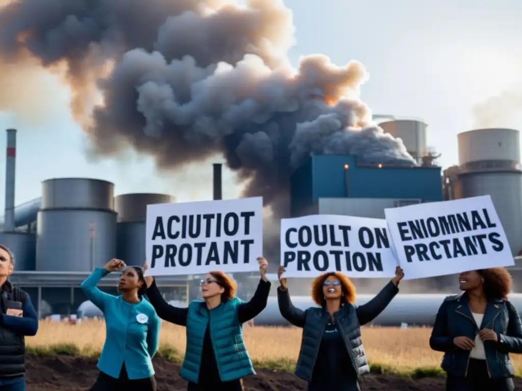 Un grupo de activistas apasionados sostiene pancartas con consignas ambientales frente a una fábrica emitiendo contaminantes