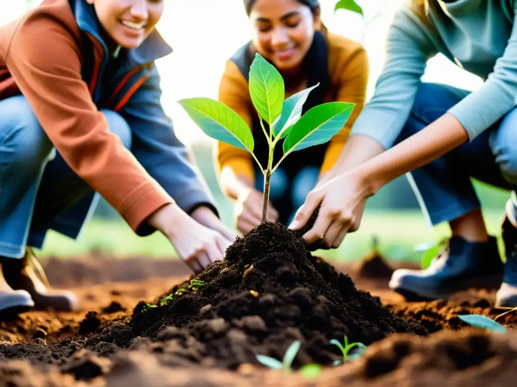 Grupo de activistas plantando árboles en tierra deforestada, con expresiones de esperanza