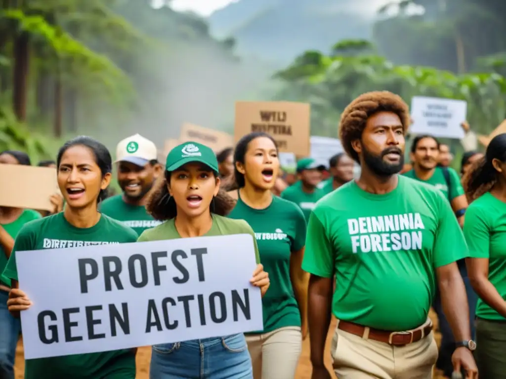 Grupo de activistas marchando contra la deforestación en un bosque, con camisetas verdes y pancartas