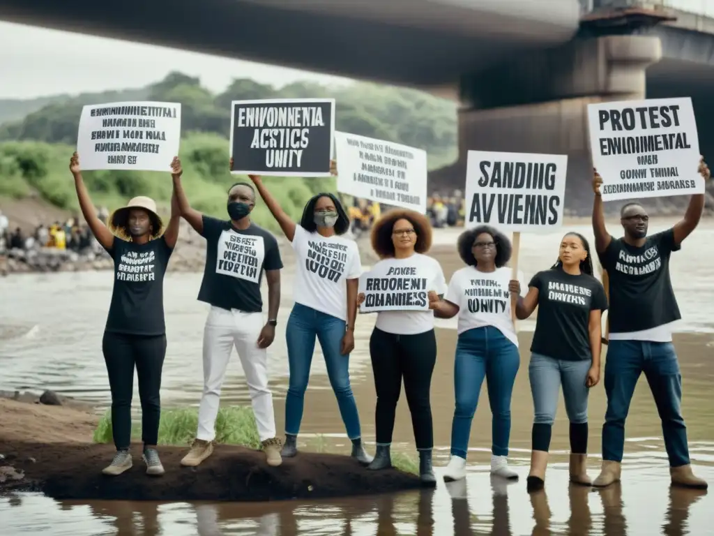 Grupo de activistas luchando por campañas de concienciación ambiental y derechos humanos frente a un río contaminado, mostrando determinación y unidad