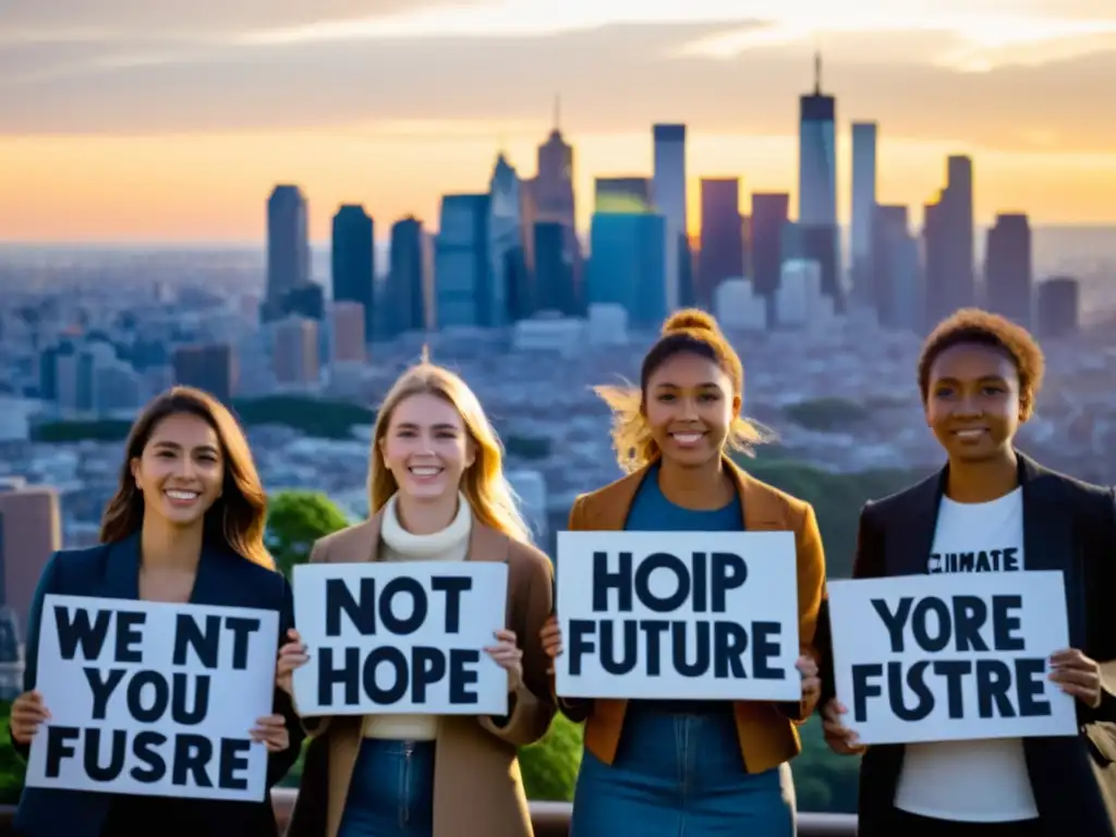 Un grupo de jóvenes activistas sostiene carteles con consignas poderosas sobre el cambio climático, frente al bullicioso horizonte de una ciudad