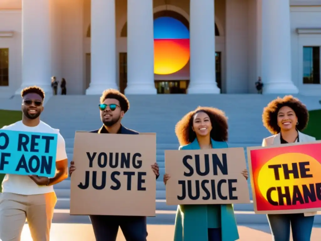 Un grupo de jóvenes activistas sostiene carteles hechos a mano con mensajes poderosos sobre el cambio climático, frente a un edificio gubernamental