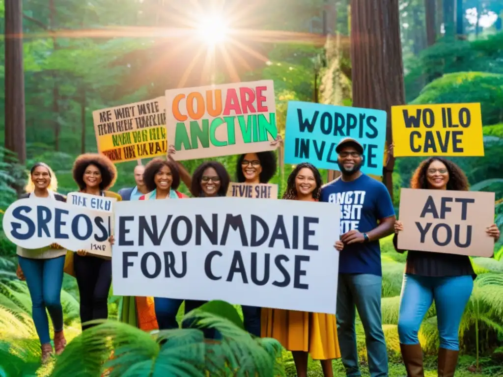 Un grupo de activistas diversos sostienen carteles con mensajes poderosos en un bosque exuberante