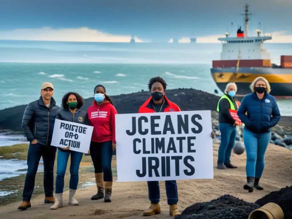 Un grupo de activistas protesta en la costa, con un mar contaminado y barcos industriales al fondo