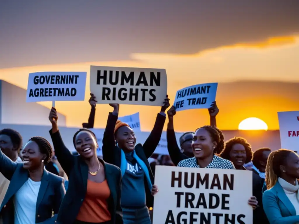 Grupo de activistas protestando por la protección de derechos humanos en acuerdos comerciales frente a un edificio gubernamental al atardecer