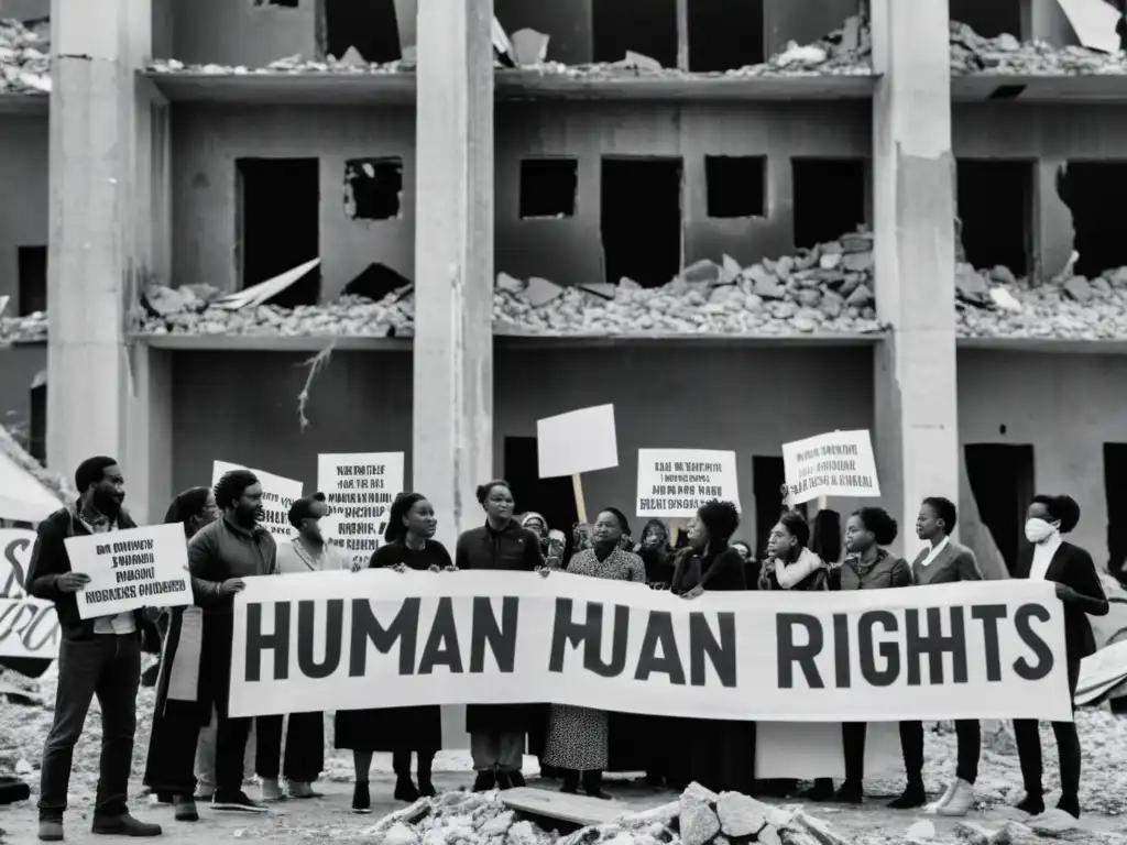 Grupo de activistas de derechos humanos en zona de conflicto, mostrando determinación y solidaridad ante la adversidad