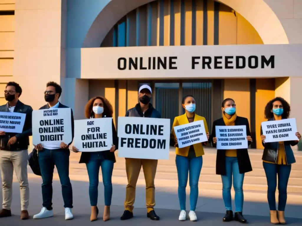 Grupo de activistas protestan por derechos humanos y la represión, mostrando determinación y pasión en la lucha por el ciberactivismo