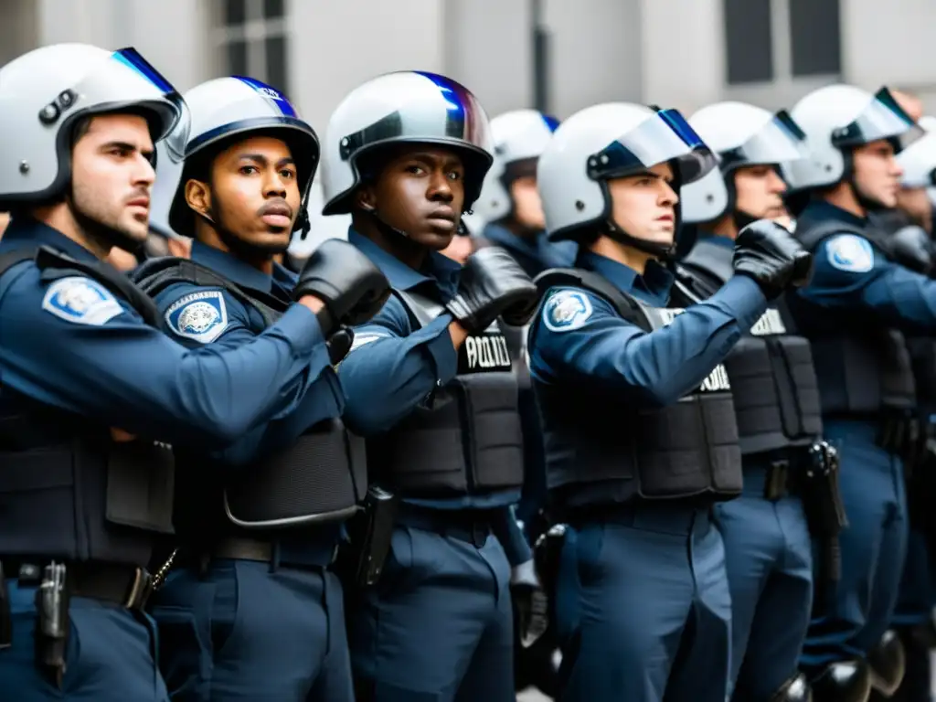 Grupo de activistas desafiantes frente a policía en línea