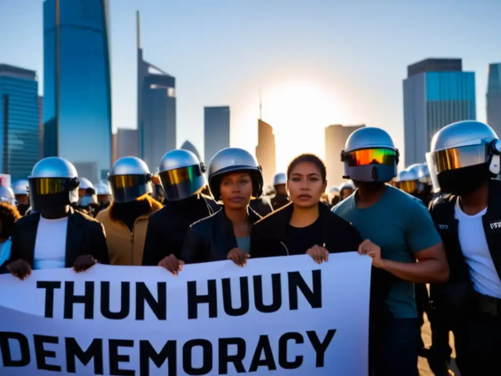 Un grupo de activistas desafiantes frente a la policía, con pancartas por los derechos humanos