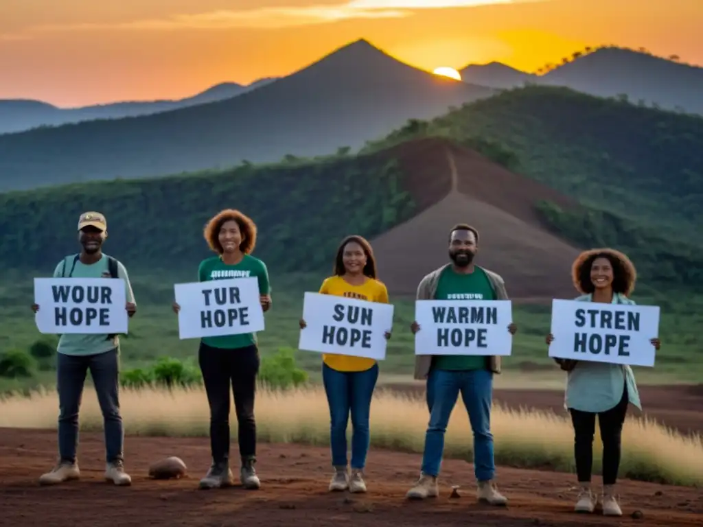 Grupo de activistas realizando desobediencia civil activismo ambiental frente a paisaje deforestado al atardecer, expresando determinación y esperanza