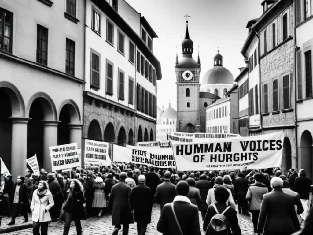 Un grupo de activistas determinados marcha por las calles de una histórica ciudad europea, abogando por los derechos humanos