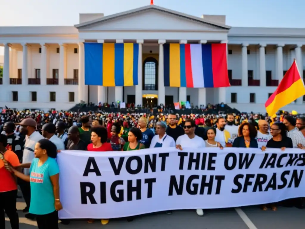 Un grupo de activistas diversos se unen frente a un edificio gubernamental, con pancartas coloridas y camisetas con mensajes poderosos a favor de los derechos humanos