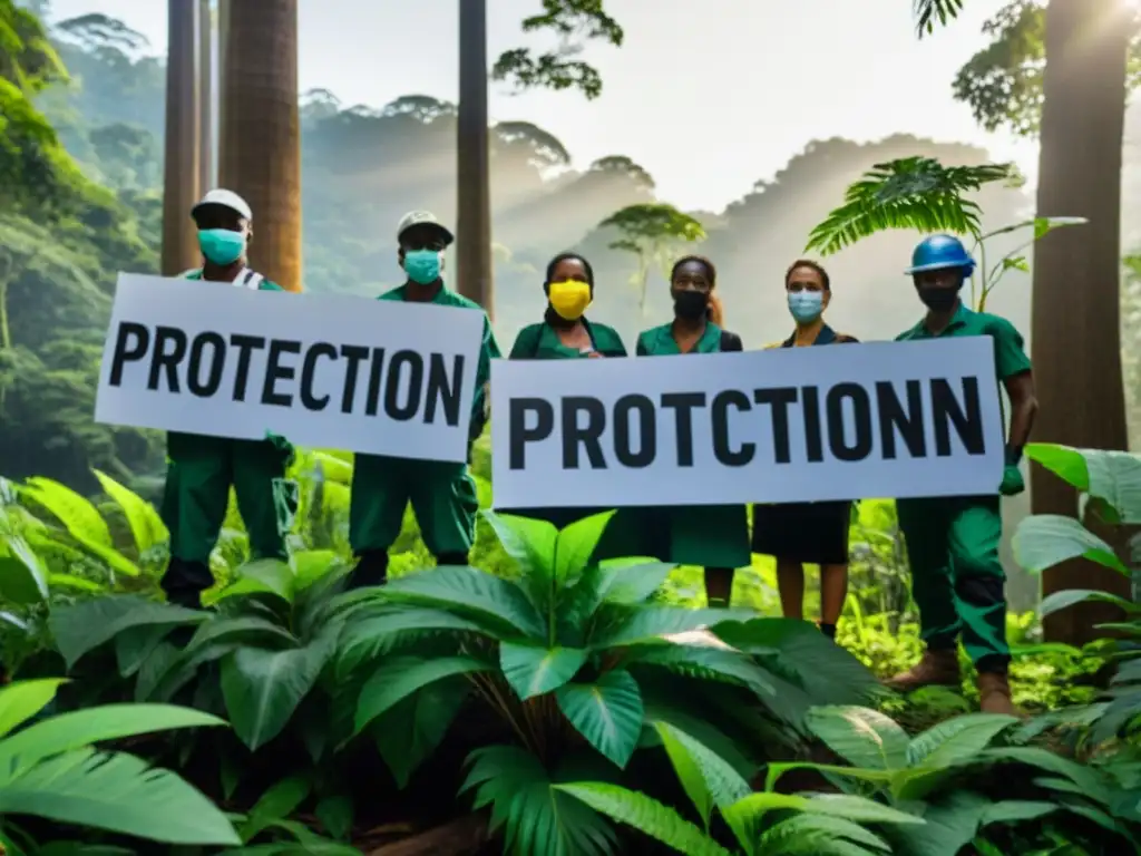 Grupo de activistas en la exuberante selva, con letreros de activismo ambiental en zonas de riesgo, expresando determinación y urgencia