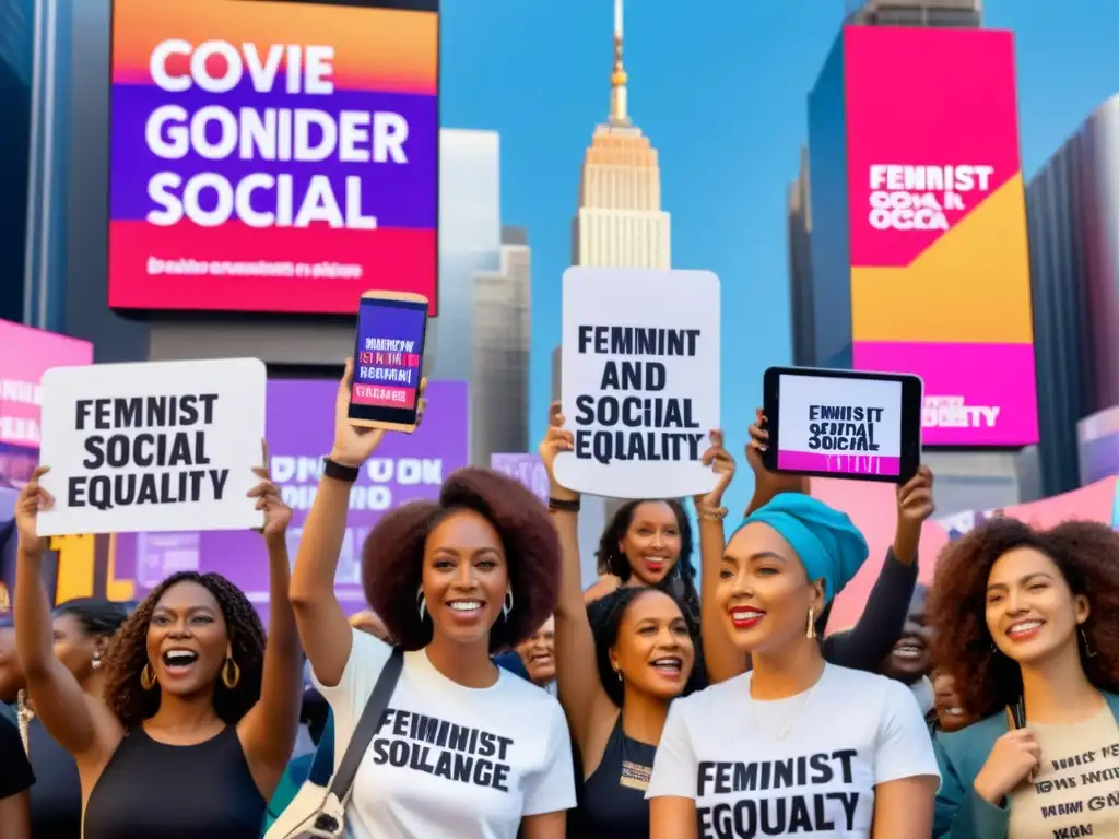 Mujeres activistas modernas promueven igualdad de género Un grupo de activistas femeninas con atuendos modernos, liderando una manifestación digital por la igualdad de género