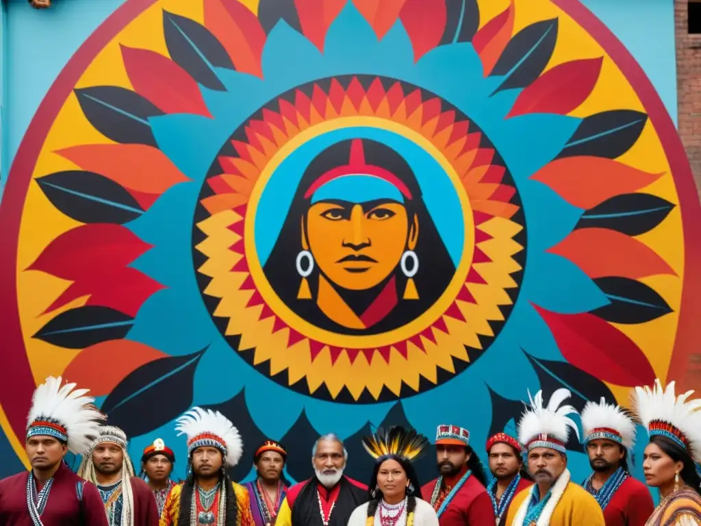 Grupo de activistas indígenas con atuendos tradicionales y plumas, frente a mural de resistencia